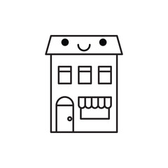 Cute happy smiling house character line icon for real estate, mortgage, loan, concept and homepage. Vector illustration.
