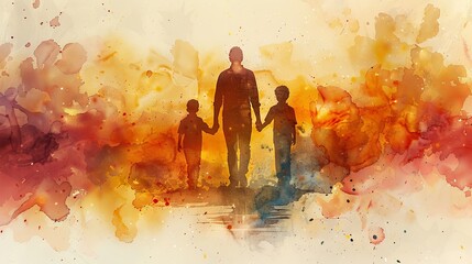 Silhouette of Father and child in Vibrant Watercolor