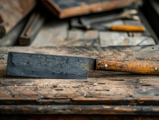 A Vintage Handsaw Resting on a Weathered Woodworking Bench Amid Various Carpentry Tools