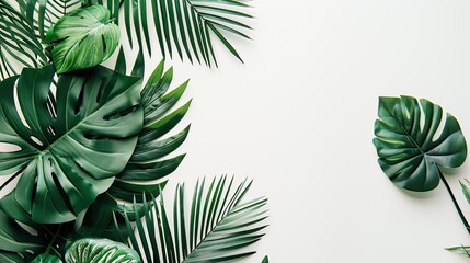 Top-down view of exotic palm leaves on a minimalist tropical white background: perfect for mockups