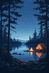 Lake in a pine forest landscape and starry night sky illustration with tent and campfire. Background for summer camp, nature tourism, camping or hiking design concept.