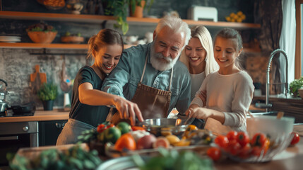 Cheerful family spending good time together while cooking in kitchen, realistic imag