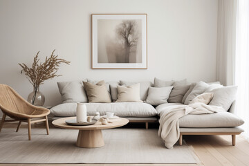 /imagine: prompt: A minimal living room with a large sectional sofa, a coffee table, a rug, and a few pieces of art on the walls. The room is decorated in neutral colors and has a modern, Scandinavian