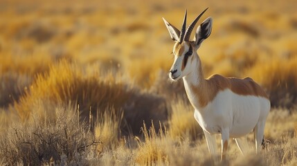 A gazelle stands in a field of tall grass. The grass is brown and dry, and the gazelle is looking to its right - obrazy, fototapety, plakaty