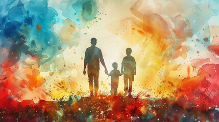 Silhouette of Father and child in Vibrant Watercolor