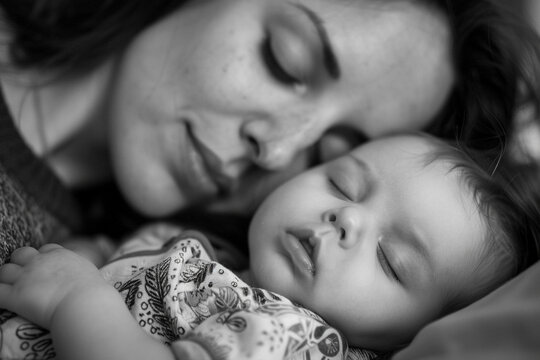 A mother gently kissing her baby's forehead during a peaceful nap.