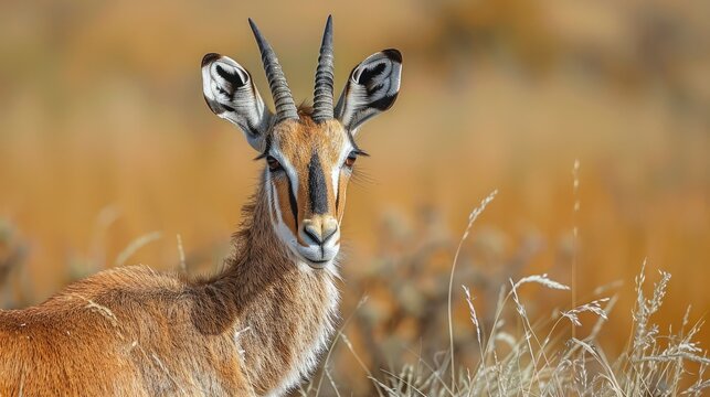 A deer with a long horn is standing in a field of tall grass. The image has a natural and peaceful feel to it, with the deer being the main focus of the scene