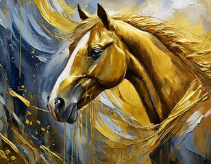 Art painting, gold, horse, wall art, modern artwork, paint spots and paint strokes, knife art, large strokes, murals, art walls