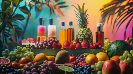 A wooden stand for displaying products is placed on a colorful backdrop with fruits surrounding it. - obrazy, fototapety, plakaty