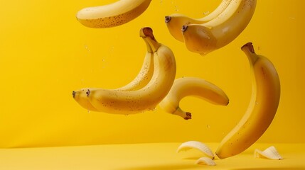Bananas falling in the air on a yellow background. Food levitation concept. High-quality image