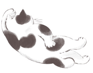 ゴロゴロするブチ猫のイラスト　水墨画風