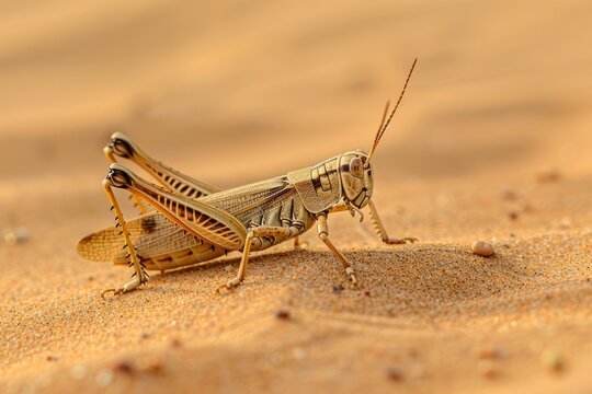 A large brown grasshopper is standing on a sandy surface. The image has a warm, sunny feel to it, with the grasshopper being the main focus