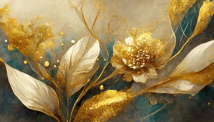Oil paintings of abstract flowers and leaves. Sprinkled paint on smooth paper, giving the paper a...