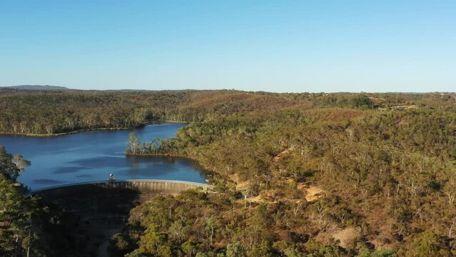 Aerial panorama of Wispering Wall Barossa water reservoir in South Australia 4k.
