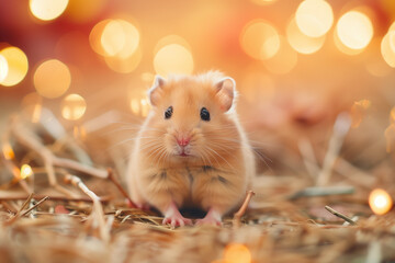 Festive hamster among twinkling lights with copy space