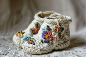 A pair of baby booties with embroidered flowers.