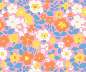Seamless pattern floral background with simple hand drawn flower and Leaves Vector