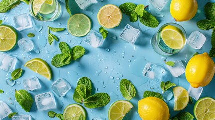 Refreshing drinks made with fresh mint leaves, lime slices, lemon halves, and ice cubes are perfect for the summer heat. - obrazy, fototapety, plakaty
