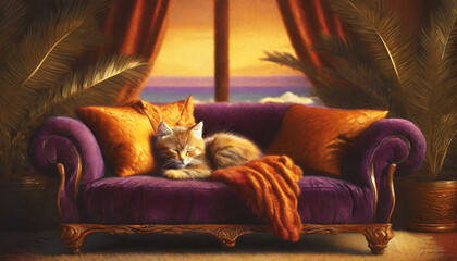 Orange Kitten Sleeping on Cozy Purple Couch with Orange Blanket and View of Ocean Out the Window, Painting