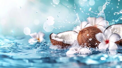 Enjoy the summer vibes with this refreshing background! Coconuts float amidst sparkling water splashes, creating a dreamy summery scene. Perfect for beach-themed designs or coconut product promotions. - obrazy, fototapety, plakaty