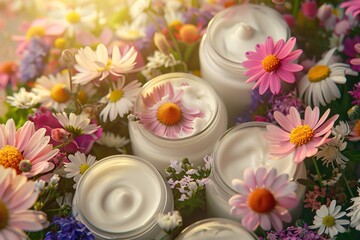 Fototapeta na wymiar Skincare Collection. Skincare Collection in Blossom. A vibrant display of floral-infused skincare creams in harmony with a burst of colorful spring blossoms, capturing the essence of botanical beauty.