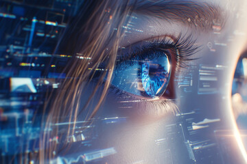 A young woman's eyes reflect digital encrypted information reflected by AI technology. Ai digital technology concept. - obrazy, fototapety, plakaty