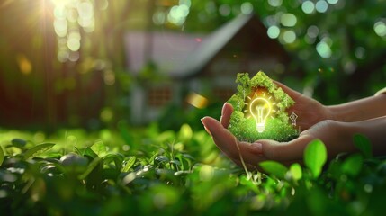 The hand holding a glowing green house with a light bulb symbolizes the concept of energy efficiency and sustainable living. - obrazy, fototapety, plakaty