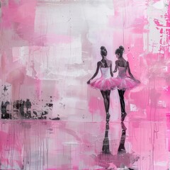 Two ballerinas in pink tutus are walking away from the viewer. The background is a blur of light pink.