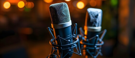 Podcast Ready: Dual Mics Await Voices. Concept Podcast Recording, Interview Setup, Quality Sound, Dynamic Conversations