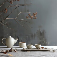 A still life of a ceramic teapot and two cups on a wooden tray. The background is a dark grey wall with a branch with red berries. The table is covered with a linen cloth and there are some fallen lea - obrazy, fototapety, plakaty