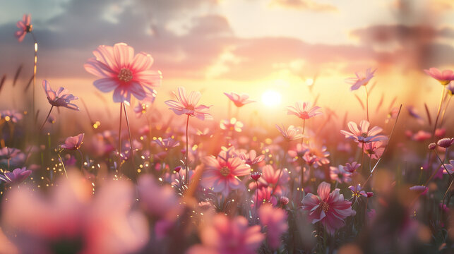 Wild meadow with pink flower landscape in sunrise sunset. Spring photography, nature background