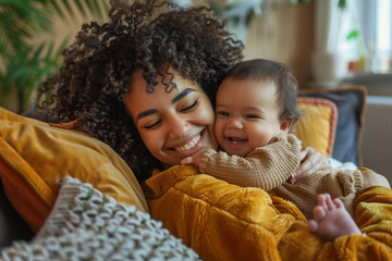 A mom and baby sharing a tender moment of laughter on a cozy couch.