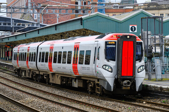 Newport, UK - March 22, 2024; Transport for Wales DMU at Newport with passenger train service