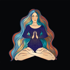 Beautiful Girl sitting in lotus position over ornate colorful neon background. Vector illustration. Psychedelic composition. Buddhism esoteric motifs. Tattoo, spiritual yoga.