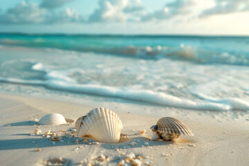 Fototapeta na wymiar A peaceful ocean view with seashells scattered on the sand.