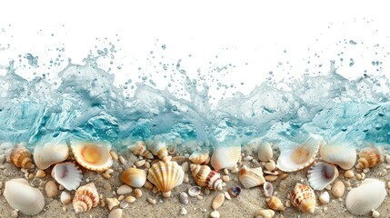 Obraz na płótnie Canvas border. garland. shells, sand, sea. coastal wave. White background. water drop splashes. frame. concept vacation, travel, tropics