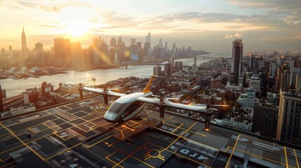 Futuristic cityscape with flying drone taxi taking off from a rooftop helipad