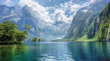 Milford Sound, New Zealand - stunningly beautiful fjord landscape with mountains, lake, and forest - obrazy, fototapety, plakaty