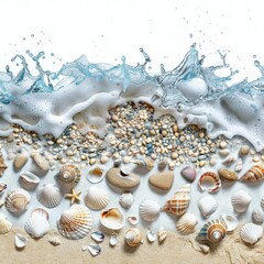 Obraz na płótnie Canvas border. garland. shells, sand, sea. coastal wave. White background. water drop splashes. frame. concept vacation, travel, tropics
