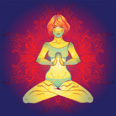 Beautiful Girl sitting in lotus position over ornate colorful neon background. Vector illustration. Psychedelic composition. Buddhism esoteric motifs. Tattoo, spiritual yoga. - 784126177