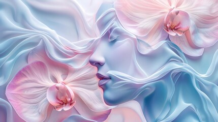 Graceful woman face with pastel pink orchids forming a delicate composition on a blue background.