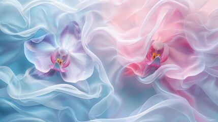 Orchids Surrounded by Soft Blue and Pink Fabric, Detailed Floral Photography on Textured Background