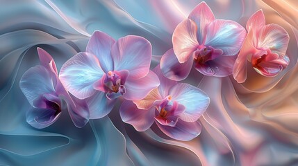 Delicate pink orchids with blueish white edges on a wavy blue and white fabric background