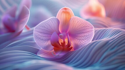 Elegant orchid flower on a wavy surface with a blurred background in pink and blue colors