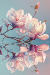 Elegant magnolia flower in full bloom with soft pink petals isolated on a pastel blue background.