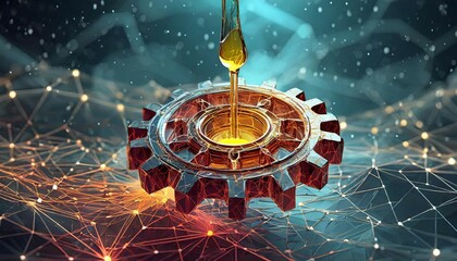 Detailed 3D illustration of a cog gear with drops of oil falling. Low poly style design. Geometric...