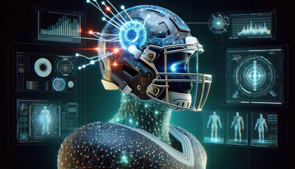 humanoid figure in a football helmet, representing the fusion of sports and advanced technology. - obrazy, fototapety, plakaty