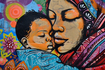 A mom and baby portrayed in a street art graffiti style, adding urban flair to their adorable bond.