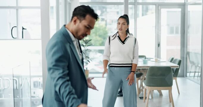 Man, woman and conflict in toxic office with falling paperwork, crash and angry business people. Frustrated, walking and bullying with rude businessman, busy worker and documents in air at workplace