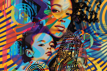 A mom and baby portrayed in a digital pop art style, with bold colors and patterns.